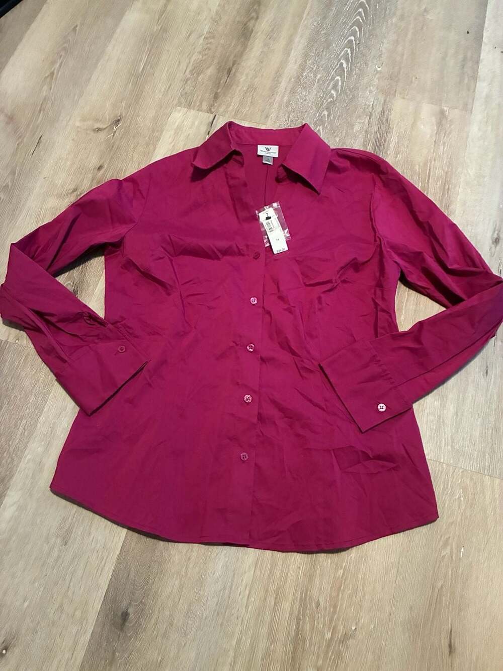 Worthington Stretch Long Sleeve Button Down Shirt Size 14 Magenta Panama Rose NW